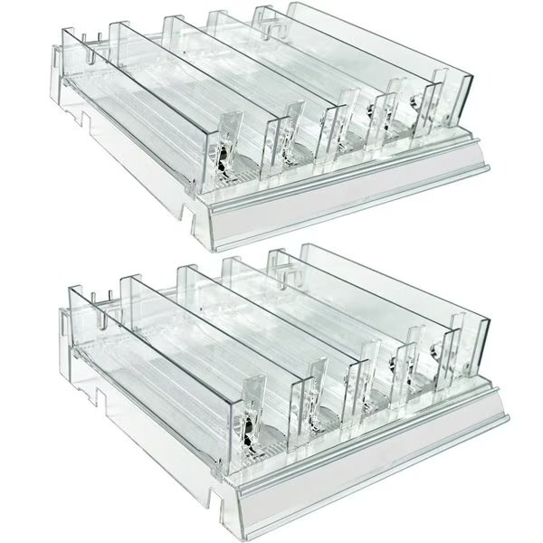 Adjustable Tall Divider Bin Cosmetic Tray w Pushers - Customize Slot Size to Product, Clear, 2-Pack, Azar Displays, Mfr#: 225830-TALL-CLR-2PK
